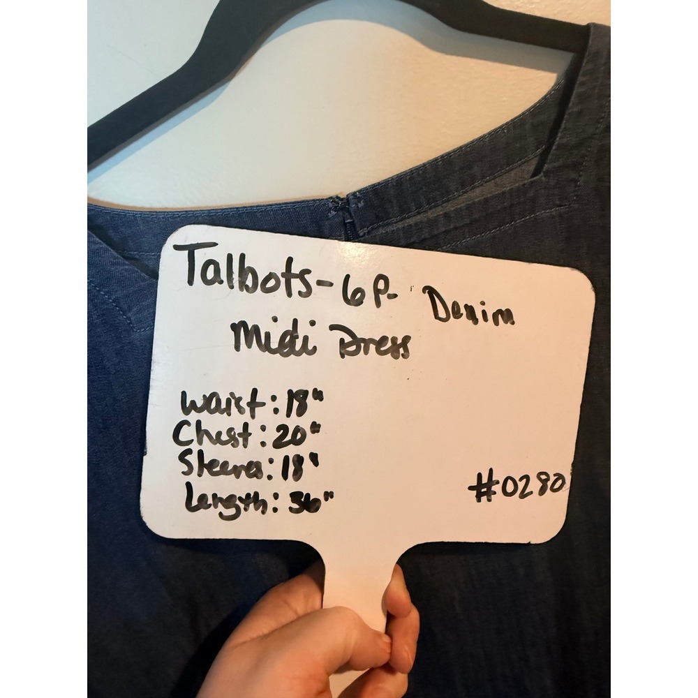 Talbots Petite Womens Blue Cotton Denim Square Neck Button Sleeve Dress 6P - Picture 5 of 9